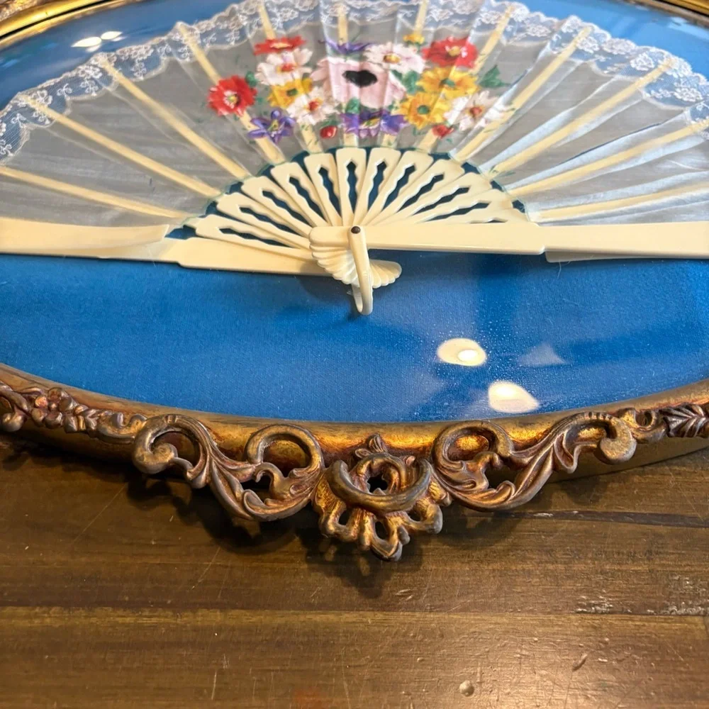 Ornate Victorian Hand Painted Fan In Frame Bubble French Shadow Box Brass Wall
